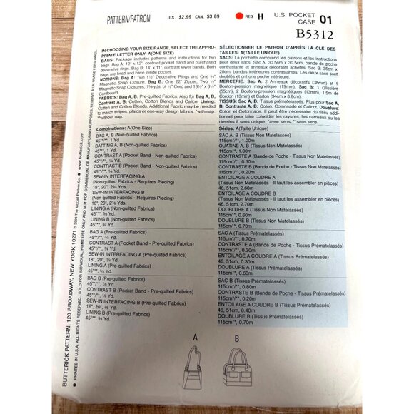 Butterick B5312 See & Sew Handbag Sewing Pattern Uncut - Picture 2 of 2